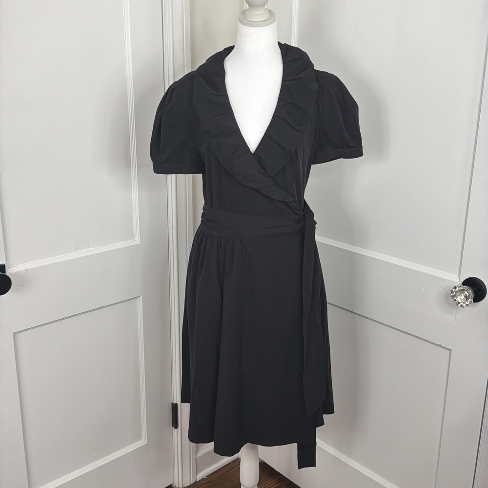 Diane Von Furstenberg Wrap Dress Womens 8 Black Ruffle Fit & Flare Belted